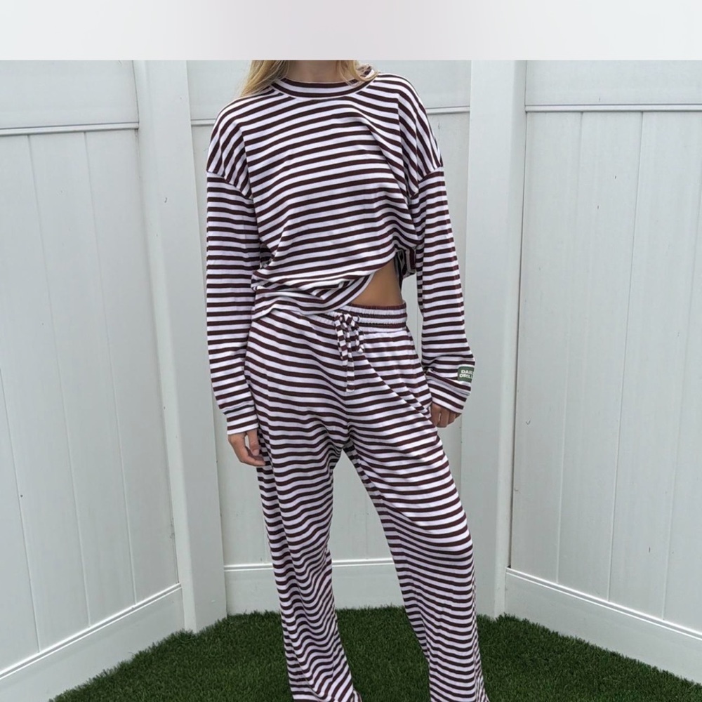 Daily Drills Striped Long Sleeve Lounge Set in White and Burgundy